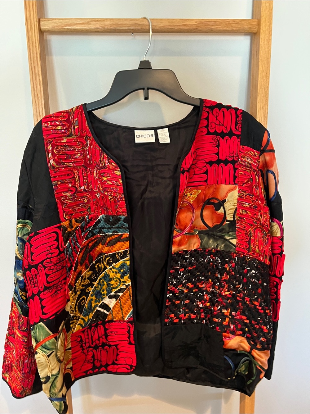 Chico's Red Multi-Pattern Patchwork Open-Front jacket